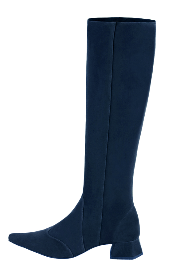 Custom-made women's navy blue elegant classic knee-high boots. Pointed toe. Low flare heels - Profile view